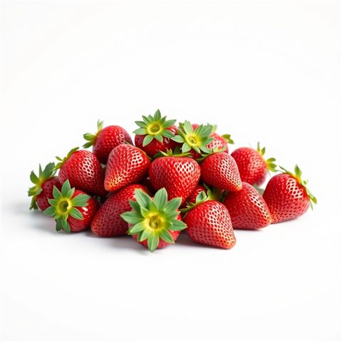 Soft 3D render of Fresh, ripe red strawberries with green leaves piled up against a clean white background, wide shot with open space at the top for text, misty morning haze, dreamy, 1:1 aspect ratio