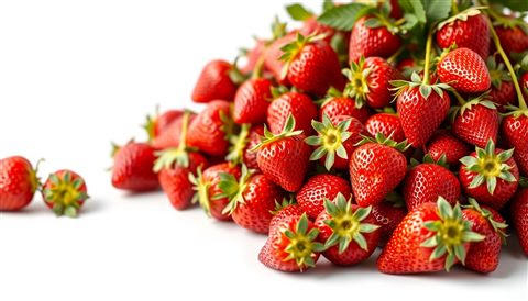 Photorealistic photo of Fresh, ripe red strawberries with green leaves piled up against a clean white background, centered subject with a simple uncluttered composition, warm golden light, calm mood, 16:9 aspect ratio