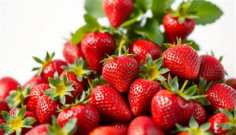 Cinematic film still of Fresh, ripe red strawberries with green leaves piled up against a clean white background, close-up detail with shallow depth of field, vivid colors, high contrast, energetic, 16:9 aspect ratio