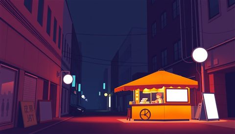 Minimal flat illustration of A glowing orange street food tent glowing warmly under a dark alleyway at night, wide shot with open space at the top for text, soft pastel colors, bright and cozy, 16:9 aspect ratio