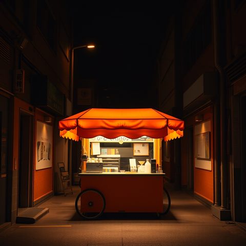 Photorealistic photo of A glowing orange street food tent glowing warmly under a dark alleyway at night, centered subject with a simple uncluttered composition, warm golden light, calm mood, 1:1 aspect ratio