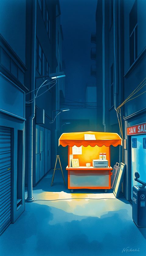 Watercolor illustration of A glowing orange street food tent glowing warmly under a dark alleyway at night, high-angle view from above, cool blue tones, quiet atmosphere, 9:16 aspect ratio