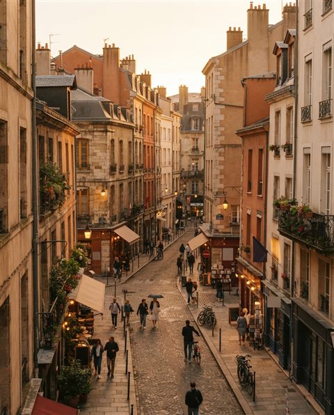 Cinematic film still of cozy city street, high-angle view from above, warm golden light, calm mood, 4:5 aspect ratio