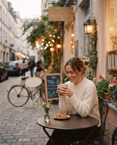 Cinematic film still of cozy city street, close-up detail with shallow depth of field, soft pastel colors, bright and cozy, 4:5 aspect ratio
