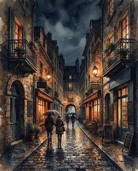 Watercolor illustration of cozy city street, centered subject with a simple uncluttered composition, moody dark tones, dramatic lighting, 4:5 aspect ratio