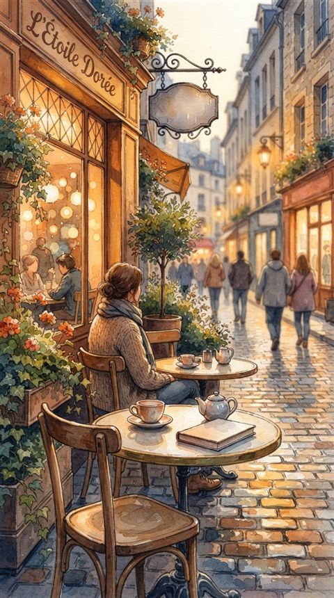 Watercolor illustration of cozy city street, close-up detail with shallow depth of field, warm golden light, calm mood, 9:16 aspect ratio
