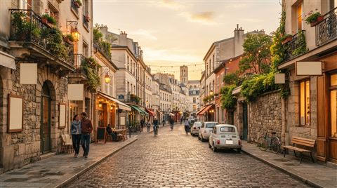 Photorealistic photo of cozy city street, wide shot with open space at the top for text, warm golden light, calm mood, 16:9 aspect ratio