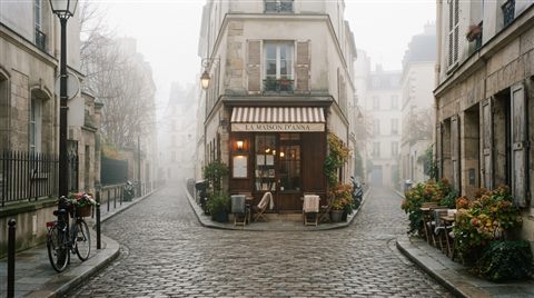 Photorealistic photo of cozy city street, centered subject with a simple uncluttered composition, misty morning haze, dreamy, 16:9 aspect ratio