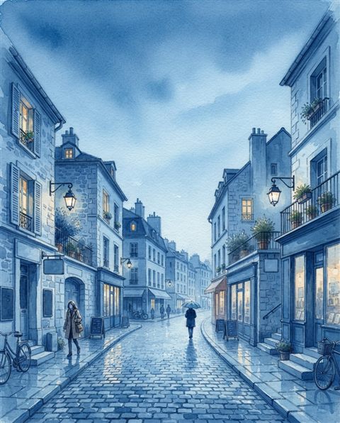 Watercolor illustration of cozy city street, wide shot with open space at the top for text, cool blue tones, quiet atmosphere, 4:5 aspect ratio