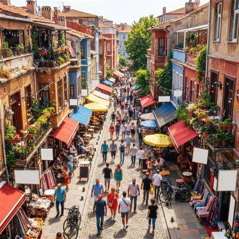 Photorealistic photo of cozy city street, high-angle view from above, vivid colors, high contrast, energetic, 1:1 aspect ratio