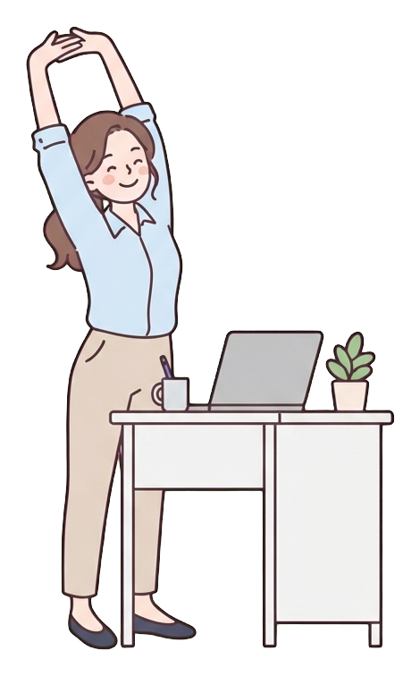 Simple cute flat cartoon illustration with soft pastel colors and thin clean dark outlines of a young woman, office worker stretching arms up at a desk, transparent background PNG