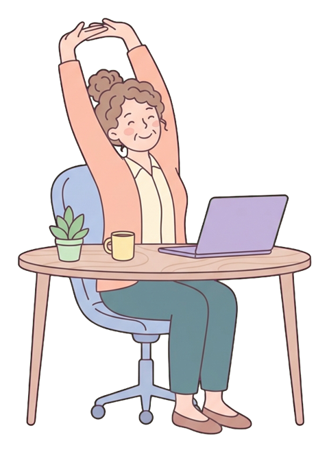 Simple cute flat cartoon illustration with soft pastel colors and thin clean dark outlines of a middle-aged woman, office worker stretching arms up at a desk, transparent background PNG