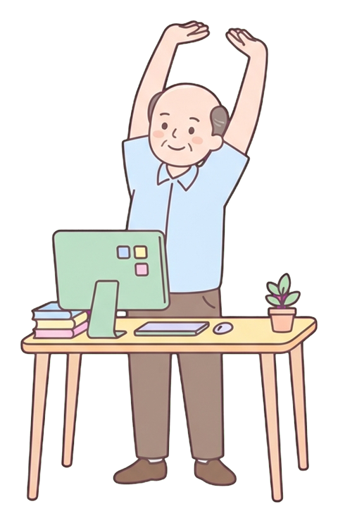 Simple cute flat cartoon illustration with soft pastel colors and thin clean dark outlines of a middle-aged man, office worker stretching arms up at a desk, transparent background PNG