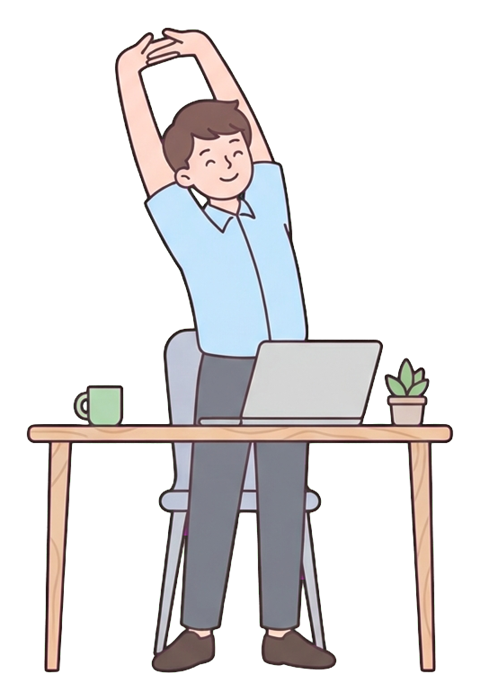 Simple cute flat cartoon illustration with soft pastel colors and thin clean dark outlines of a young man, office worker stretching arms up at a desk, transparent background PNG