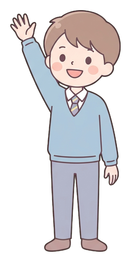Simple cute flat cartoon illustration with soft pastel colors and thin clean dark outlines of a high school boy, student raising a hand eagerly to answer a question, transparent background PNG