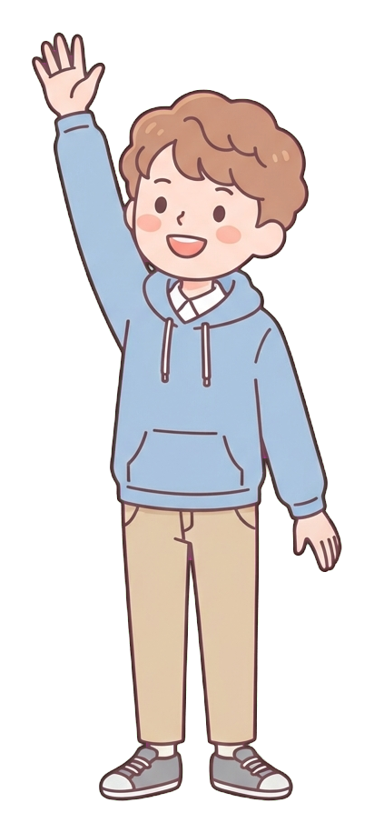 Simple cute flat cartoon illustration with soft pastel colors and thin clean dark outlines of a university student man, student raising a hand eagerly to answer a question, transparent background PNG