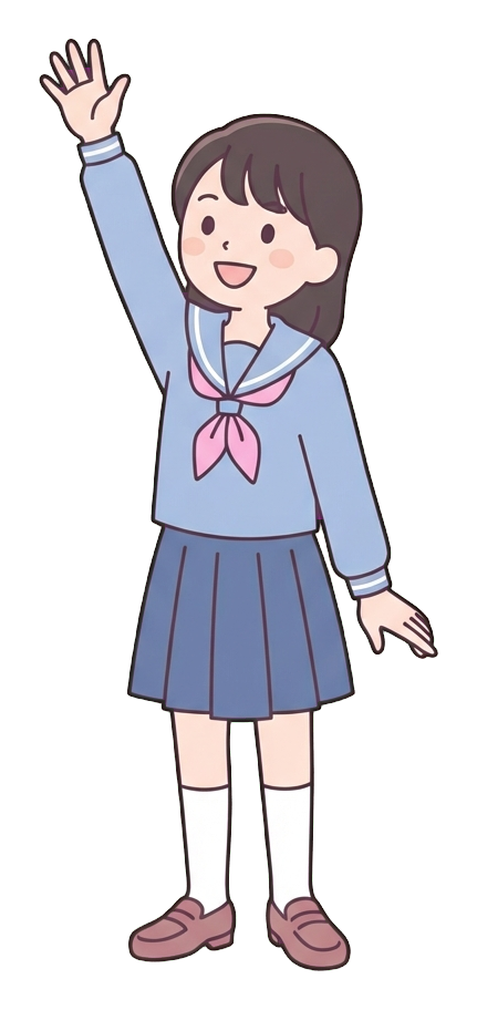 Simple cute flat cartoon illustration with soft pastel colors and thin clean dark outlines of a high school girl, student raising a hand eagerly to answer a question, transparent background PNG