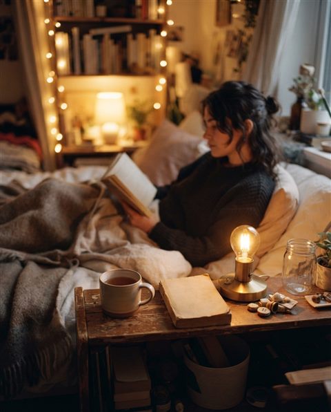 Cinematic film still of a small cozy studio apartment, close-up detail with shallow depth of field, warm golden light, calm mood, 4:5 aspect ratio