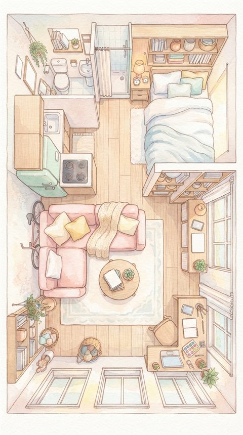 Watercolor illustration of a small cozy studio apartment, high-angle view from above, soft pastel colors, bright and cozy, 9:16 aspect ratio