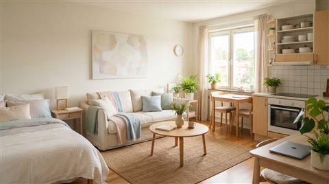 Photorealistic photo of a small cozy studio apartment, centered subject with a simple uncluttered composition, soft pastel colors, bright and cozy, 16:9 aspect ratio