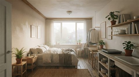 Photorealistic photo of a small cozy studio apartment, wide shot with open space at the top for text, misty morning haze, dreamy, 16:9 aspect ratio