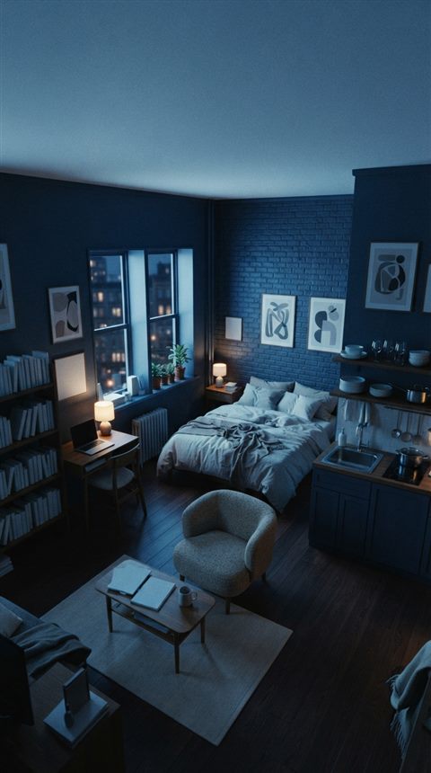 Cinematic film still of a small cozy studio apartment, wide shot with open space at the top for text, cool blue tones, quiet atmosphere, 9:16 aspect ratio