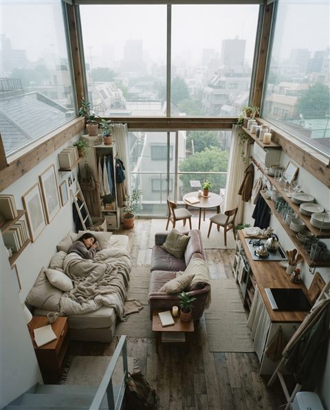 Cinematic film still of a small cozy studio apartment, high-angle view from above, misty morning haze, dreamy, 4:5 aspect ratio
