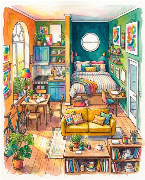 Watercolor illustration of a small cozy studio apartment, centered subject with a simple uncluttered composition, vivid colors, high contrast, energetic, 4:5 aspect ratio
