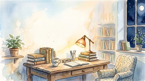 Watercolor illustration of desk with books and a warm lamp for studying at night, wide shot with open space at the top for text, soft pastel colors, bright and cozy, 16:9 aspect ratio