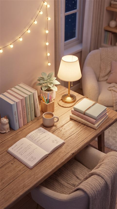 Soft 3d render of desk with books and a warm lamp for studying at night, high-angle view from above, soft pastel colors, bright and cozy, 9:16 aspect ratio