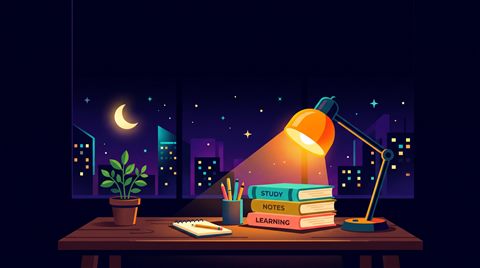 Minimal flat illustration of desk with books and a warm lamp for studying at night, wide shot with open space at the top for text, vivid colors, high contrast, energetic, 16:9 aspect ratio
