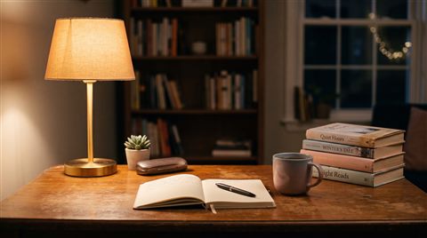 Cinematic film still of desk with books and a warm lamp for studying at night, centered subject with a simple uncluttered composition, soft pastel colors, bright and cozy, 16:9 aspect ratio