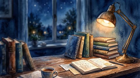 Watercolor illustration of desk with books and a warm lamp for studying at night, close-up detail with shallow depth of field, cool blue tones, quiet atmosphere, 16:9 aspect ratio
