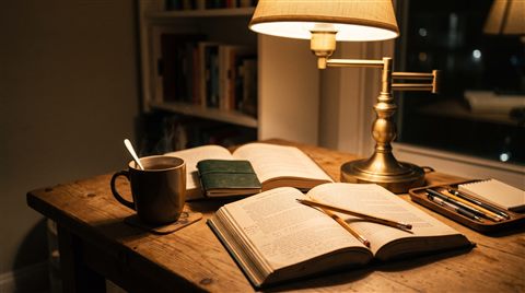 Photorealistic photo of desk with books and a warm lamp for studying at night, close-up detail with shallow depth of field, warm golden light, calm mood, 16:9 aspect ratio