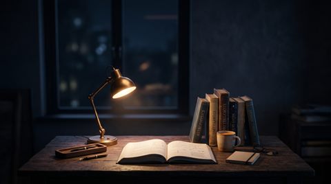 Soft 3d render of desk with books and a warm lamp for studying at night, wide shot with open space at the top for text, moody dark tones, dramatic lighting, 16:9 aspect ratio