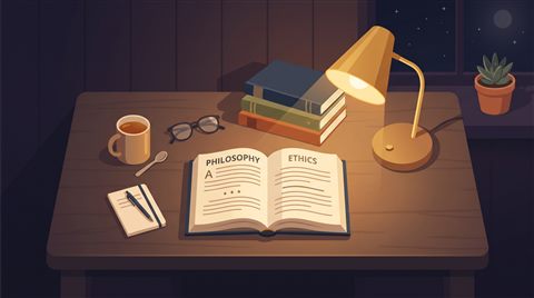 Minimal flat illustration of desk with books and a warm lamp for studying at night, high-angle view from above, warm golden light, calm mood, 16:9 aspect ratio