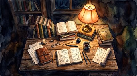 Watercolor illustration of desk with books and a warm lamp for studying at night, high-angle view from above, moody dark tones, dramatic lighting, 16:9 aspect ratio