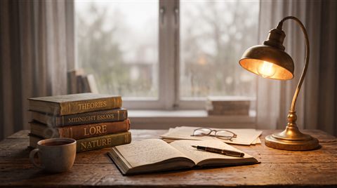 Soft 3d render of desk with books and a warm lamp for studying at night, close-up detail with shallow depth of field, misty morning haze, dreamy, 16:9 aspect ratio