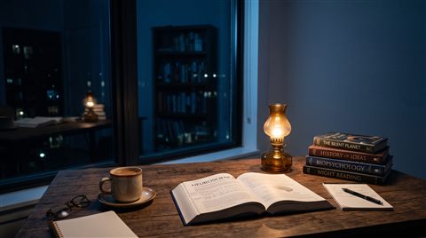 Photorealistic photo of desk with books and a warm lamp for studying at night, wide shot with open space at the top for text, cool blue tones, quiet atmosphere, 16:9 aspect ratio