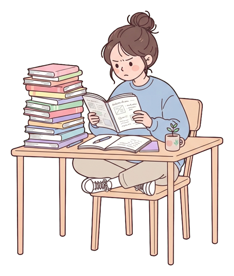 Simple cute flat cartoon illustration with soft pastel colors and thin clean dark outlines of a university student woman, student studying hard at a desk with a pile of books, transparent background PNG