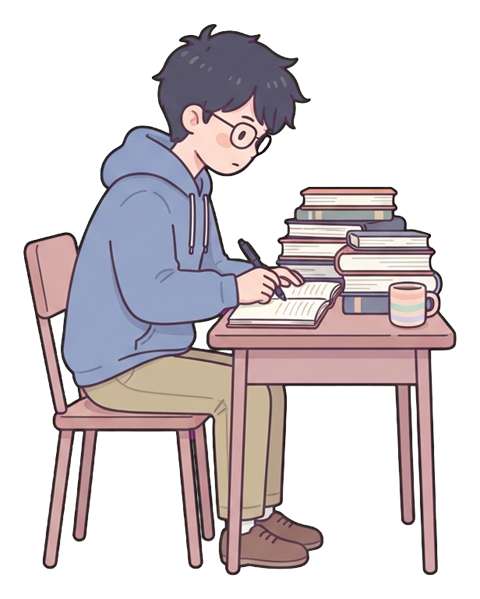 Simple cute flat cartoon illustration with soft pastel colors and thin clean dark outlines of a university student man, student studying hard at a desk with a pile of books, transparent background PNG