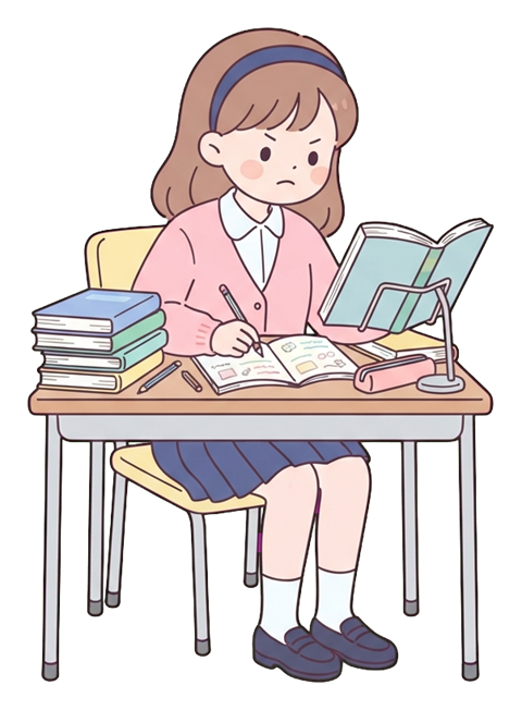 Simple cute flat cartoon illustration with soft pastel colors and thin clean dark outlines of a high school girl, student studying hard at a desk with a pile of books, transparent background PNG