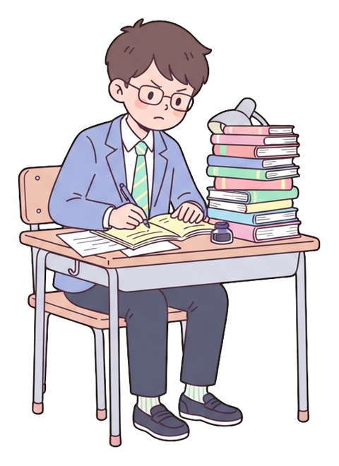 Simple cute flat cartoon illustration with soft pastel colors and thin clean dark outlines of a high school boy, student studying hard at a desk with a pile of books, transparent background PNG