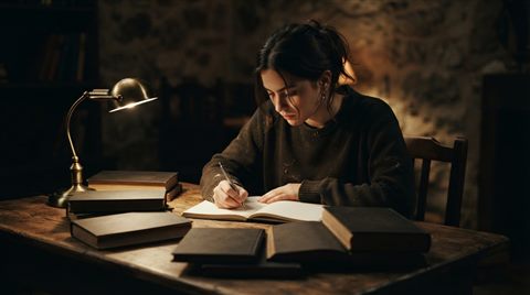 Photorealistic photo of a student studying at a desk with books, centered subject with a simple uncluttered composition, moody dark tones, dramatic lighting, 16:9 aspect ratio