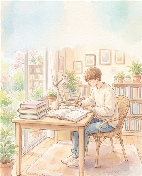 Watercolor illustration of a student studying at a desk with books, wide shot with open space at the top for text, soft pastel colors, bright and cozy, 4:5 aspect ratio
