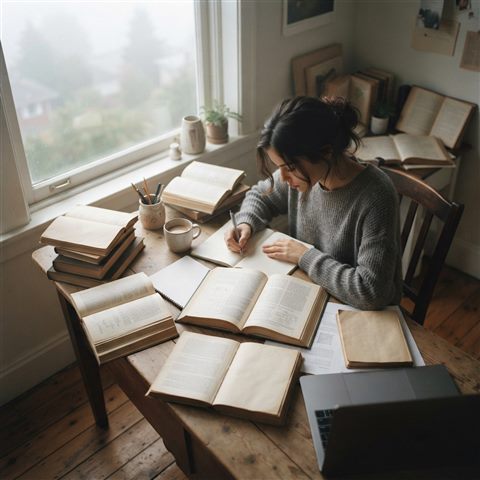 Photorealistic photo of a student studying at a desk with books, high-angle view from above, misty morning haze, dreamy, 1:1 aspect ratio