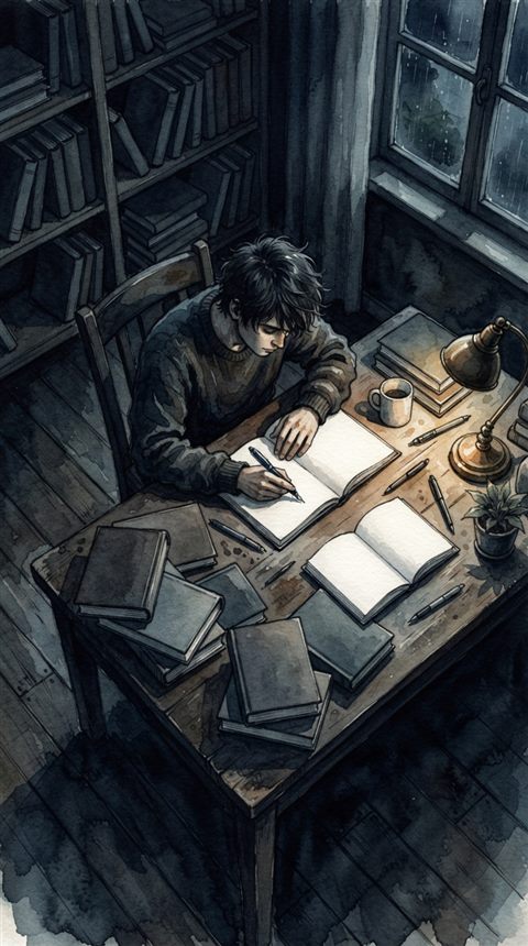 Watercolor illustration of a student studying at a desk with books, high-angle view from above, moody dark tones, dramatic lighting, 9:16 aspect ratio