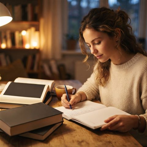 Photorealistic photo of a student studying at a desk with books, close-up detail with shallow depth of field, warm golden light, calm mood, 1:1 aspect ratio