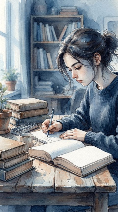 Watercolor illustration of a student studying at a desk with books, close-up detail with shallow depth of field, cool blue tones, quiet atmosphere, 9:16 aspect ratio