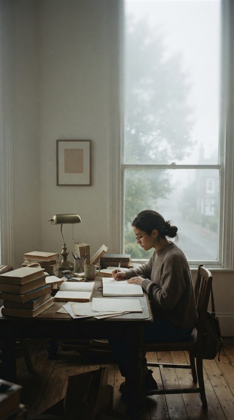 Cinematic film still of a student studying at a desk with books, wide shot with open space at the top for text, misty morning haze, dreamy, 9:16 aspect ratio